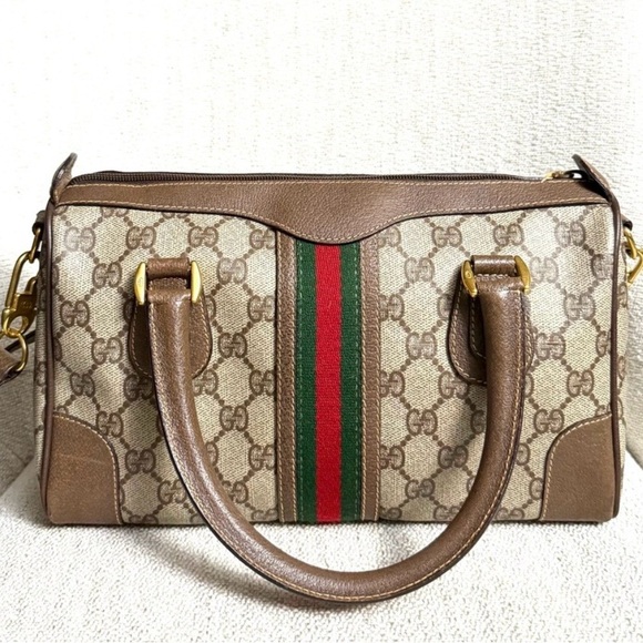Authentic Vintage Gucci Boston Satchel Bag in Brown and Beige - Picture 9 of 16